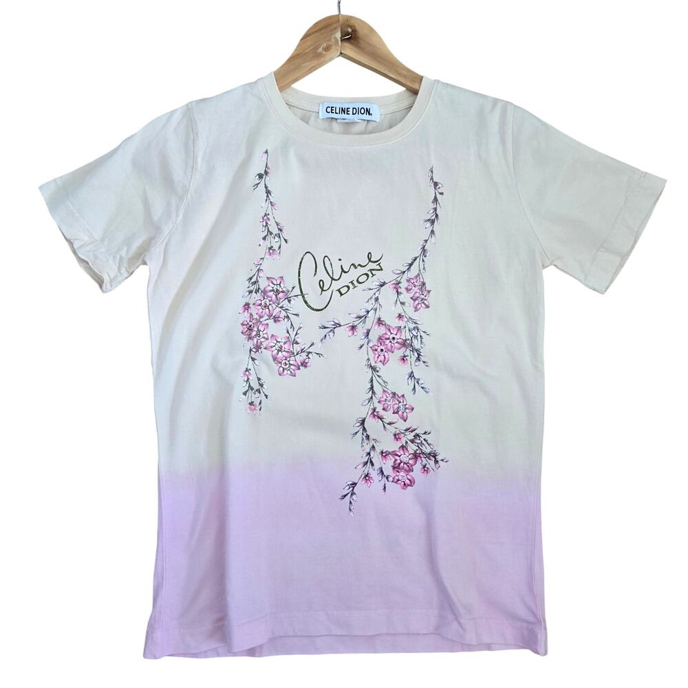 Vintage Y2K Celine Dion T-shirt Womens Size M Floral Rhinestone Cream Pink